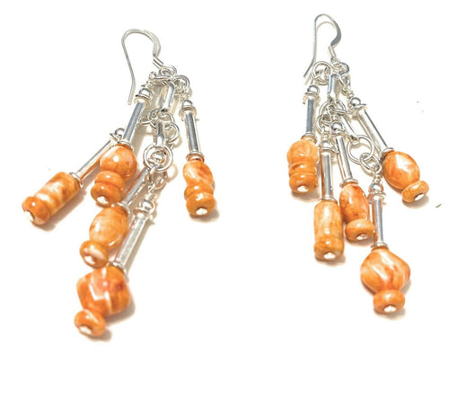 Navajo 5 Strand Orange Spiny Shell & Sterling Silver Dangle Earrings