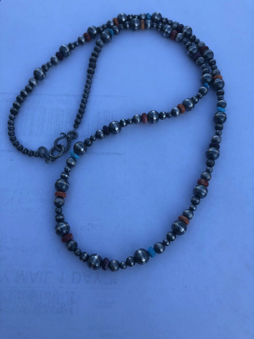 Navajo Multi Stone & Sterling Silver Beaded Necklace 30 inches