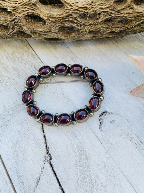 Vintage Navajo Garnet  Sterling Silver Brooch Signed