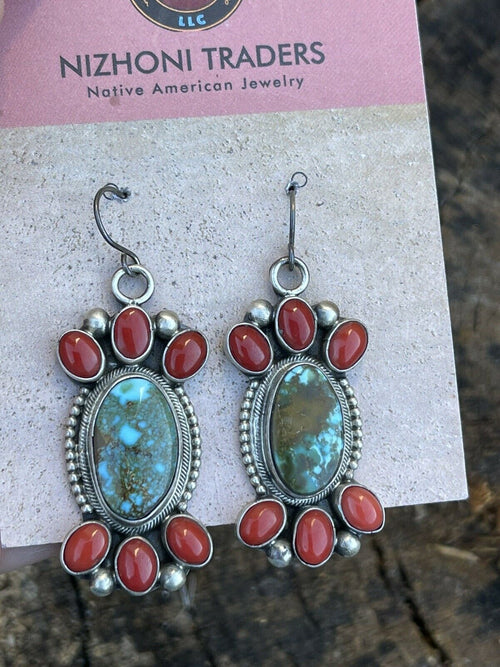 Handcrafted Sterling Kingman Turquoise Natural Red Coral Necklace Set Taos Collection