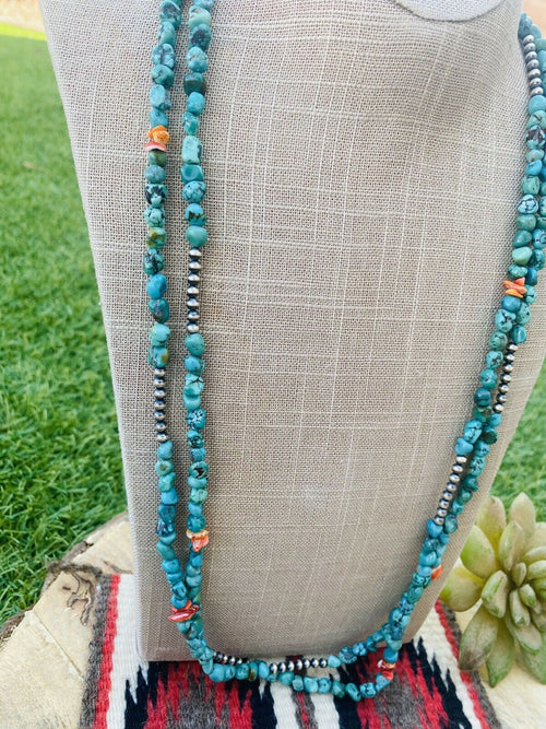 Navajo Turquoise, Spiny & Sterling Silver Beaded 60 Inch Necklace