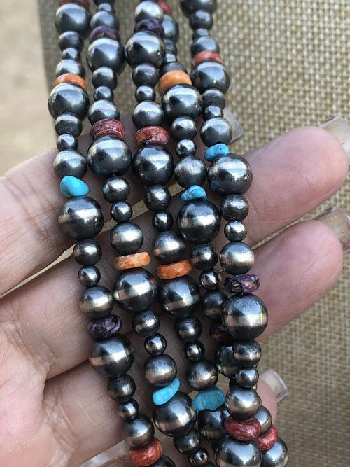 Navajo Multi Stone & Sterling Silver Beaded Necklace 30 inches