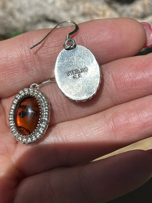 Navajo Sterling Silver and Bead Dot Style Amber Dangle Earrings