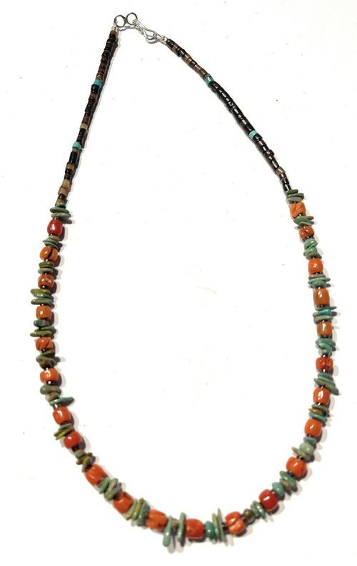 Navajo Turquoise, Heishi and Coral Beaded 16 Inch Necklace