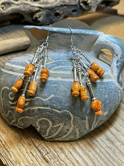 Navajo 5 Strand Orange Spiny Shell & Sterling Silver Dangle Earrings