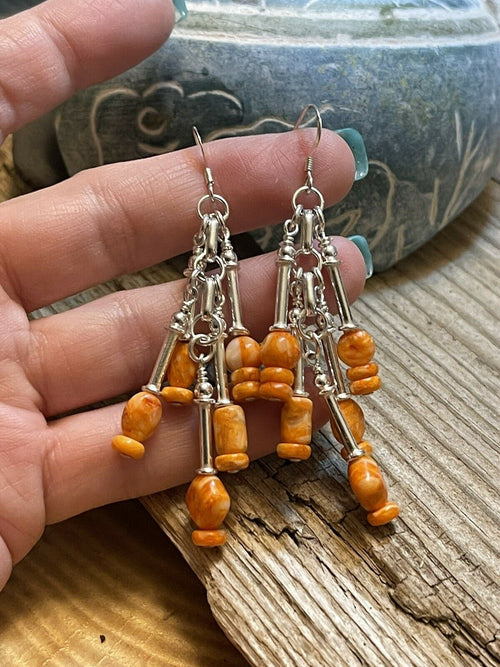 Navajo 5 Strand Orange Spiny Shell & Sterling Silver Dangle Earrings