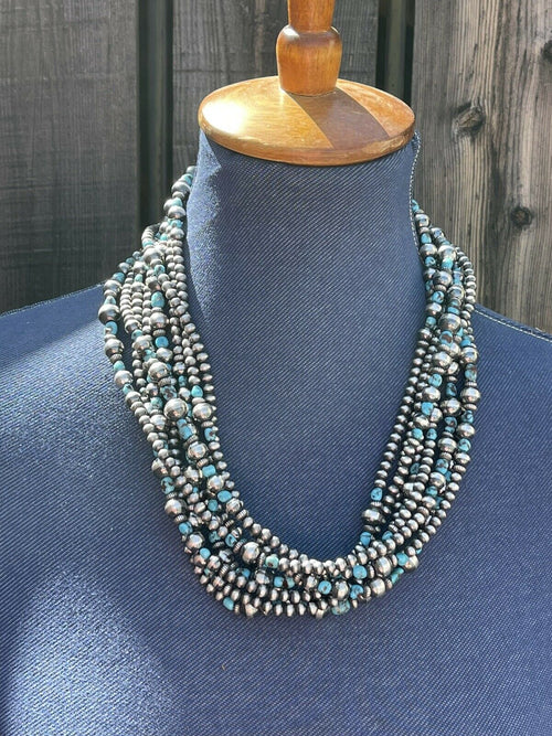 Navajo Turquoise Stone & Sterling Silver Beaded Necklace 15 Feet 3 Inches