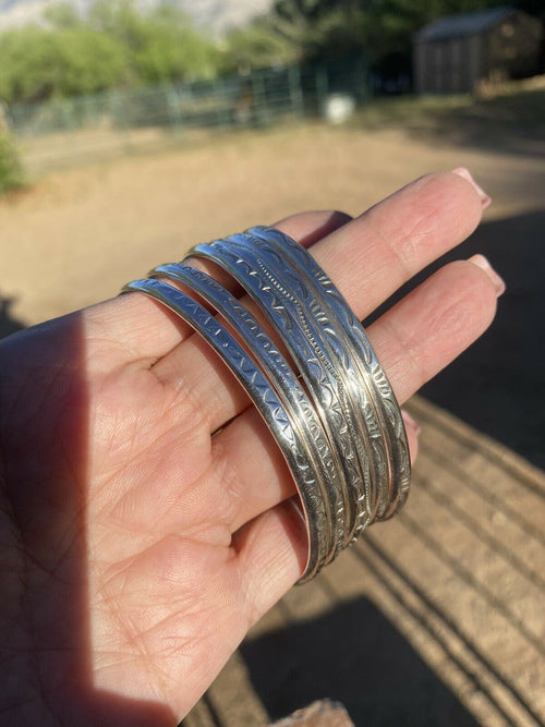 Navajo Tahe Hand Stamped Sterling Silver Bangle Bracelet