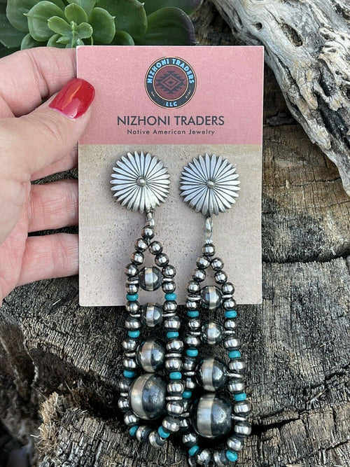 Navajo Sterling Silver Turquoise Gradual Bead Dangle Earrings