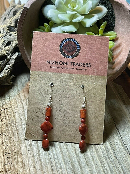 Navajo Sterling Silver Apple Coral Strand Beaded Earrings