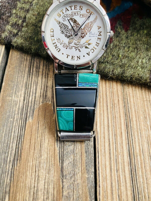 Old Pawn Vintage Navajo Onyx, Malachite, Opal & Sterling Silver Inlay Watch
