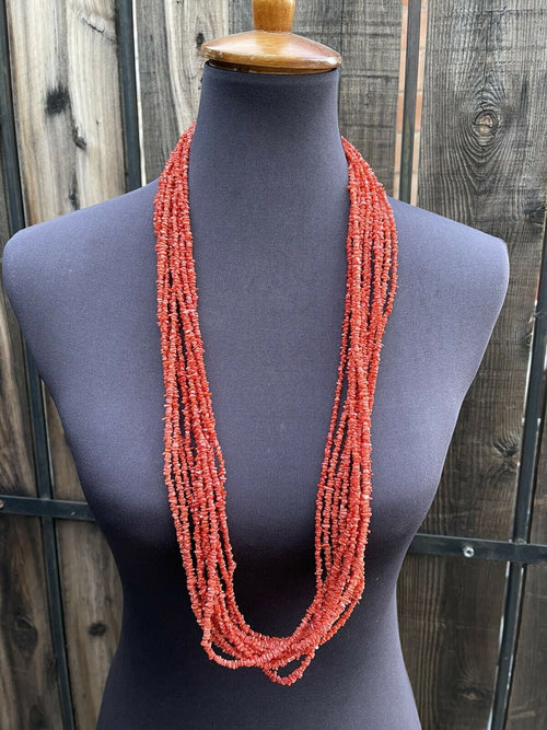 Navajo Sterling Silver Pink Coral 10 Strand Bead Necklack