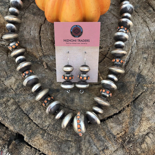 Navajo Orange Spiny & Sterling Navajo Disk Pearl 20 Mm -12 Mm Bead Necklace Set