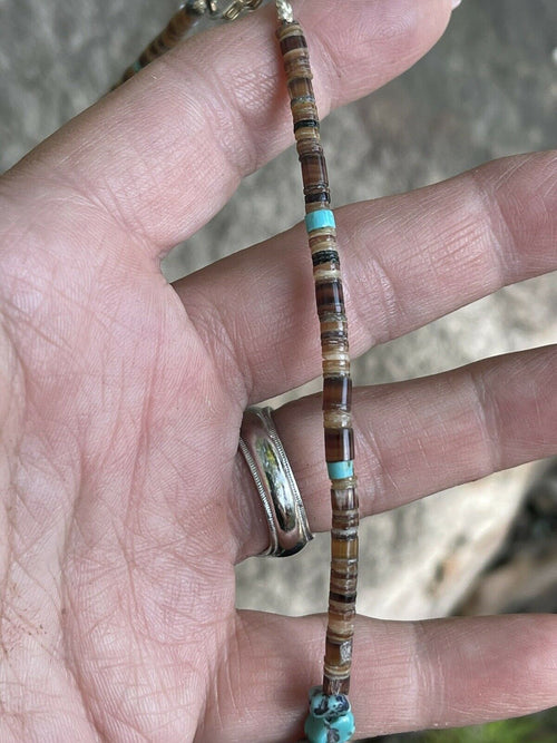 Navajo Turquoise, Heishi and Coral Beaded 16 Inch Necklace