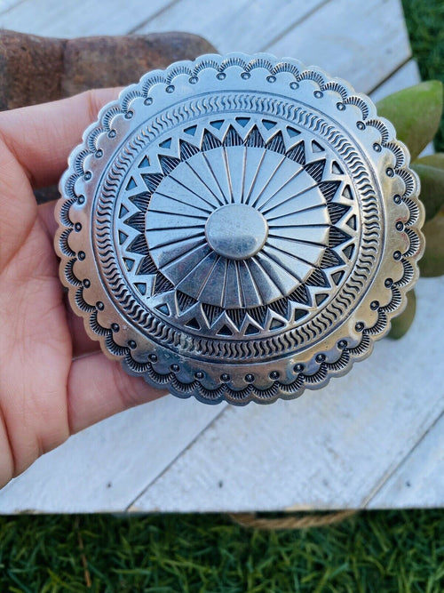 Vintage Navajo Hand Stamped Sterling Silver Belt Buckle Signed