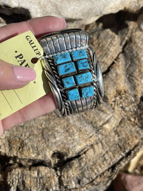 Vintage Handcrafted Sterling Silver & Kingman Turquoise Non Working Watch Bracelet