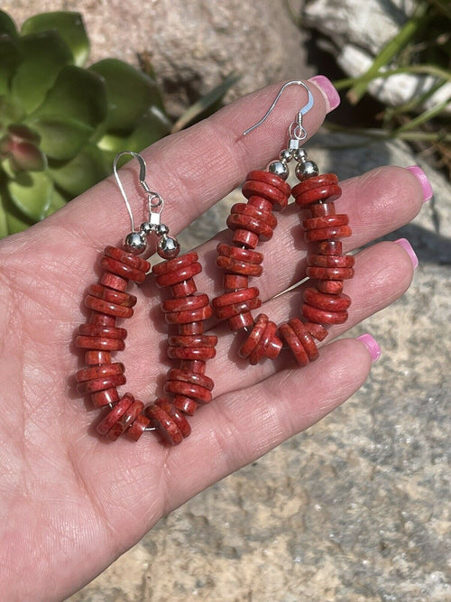 Navajo Sterling Silver Double Bead Apple Coral Dangle Hoop Earrings