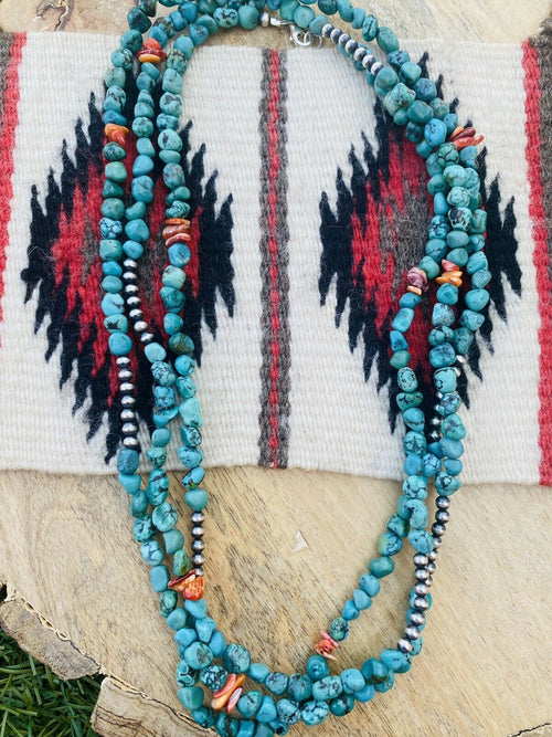 Navajo Turquoise, Spiny & Sterling Silver Beaded 60 Inch Necklace