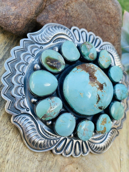 Stunning Vintage Navajo Number 8 Turquoise & Sterling Silver Belt Buckle Signed