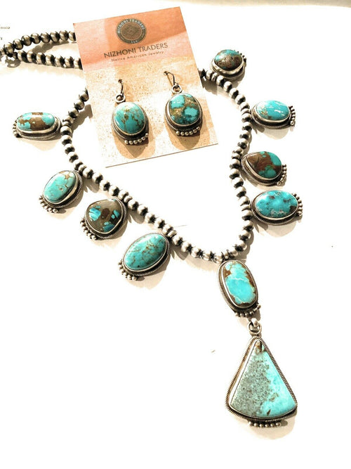 Handcrafted Sterling Silver Royston Turquoise Beaded Necklace & Earring Set