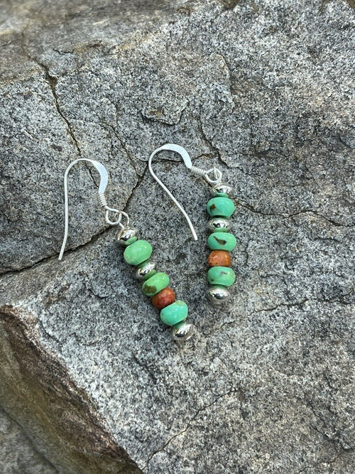 Navajo Sterling Apple Coral  & Green Kingman Turquoise Dangle Bead Earrings