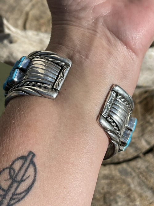 Vintage Handcrafted Sterling Silver & Kingman Turquoise Non Working Watch Bracelet