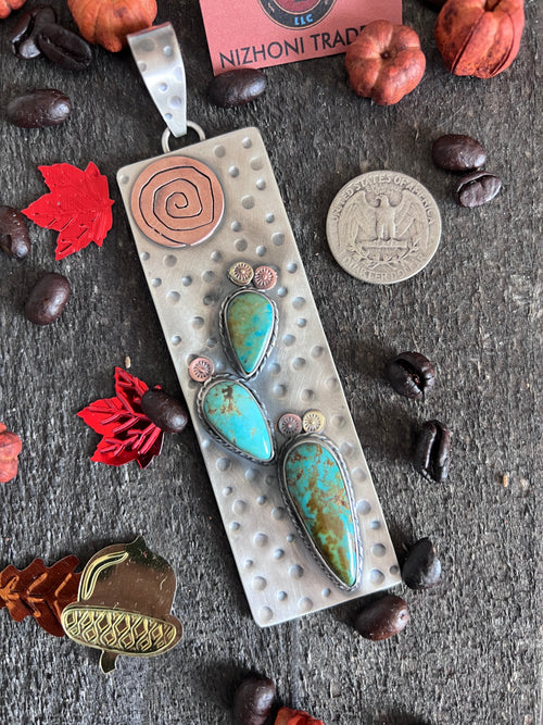 Kimari Somers Hand Stamped Sterling Silver, Copper, Brass & Kingman Turquoise Prickly Pear Cactus Sun Pendant