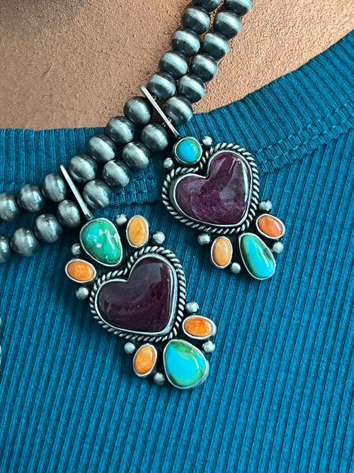 Navajo Made Sterling Silver Electric Rainbow Beaded Heart Cluster Necklace & Earrings Set by Angela Martin