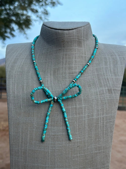 Navajo Made Sterling Silver & Turquoise  Pearl Beaded Bow Tie  Necklace 18 inches