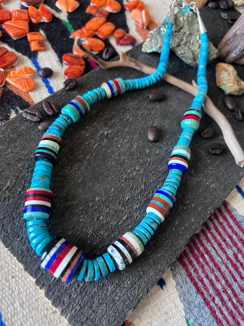 Ronald Chavez Handcrafted Turquoise Heishi Beaded Santo Domingo Necklace with Layered Barrel Bead Accents