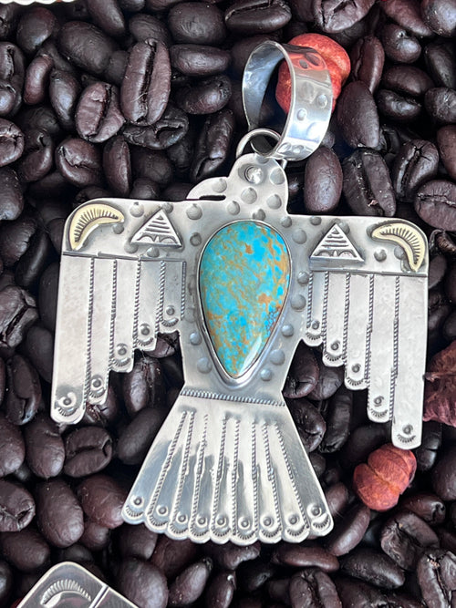 Kimari Somers Hand Stamped Sterling Silver & Kingman Turquoise Thunderbird Pendant 6