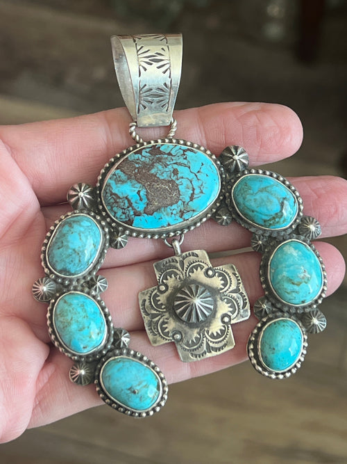 Apache Made Sterling Silver and Egyptian Turquoise Naja Pendant by Rosella Paxson
