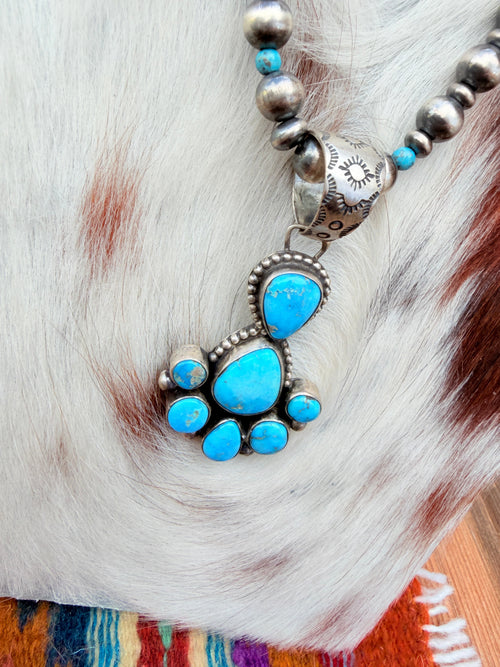Handcrafted Turquoise & Sterling Silver Cluster Beaded Necklace by Bobby Johnson