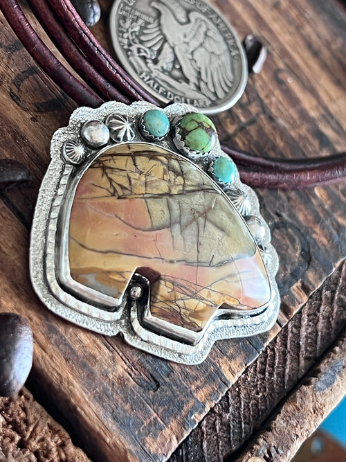 Tularosa Sterling Silver and Leather Red Creek Jasper Bear Necklace with Turquoise