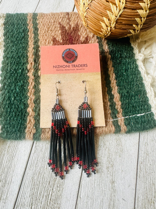 Navajo Black & Red Multicolor Beaded Dangle Earrings