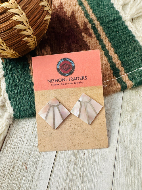 Old Pawn Zuni Mother of Pearl & Sterling Silver Inlay Earrings
