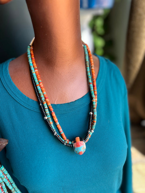 Daniel Coriz Triple Strand Spiny Oyster, Onyx and Turquoise Beaded Necklace w/ Removable Sterling Silver & Stone Inlay Bead