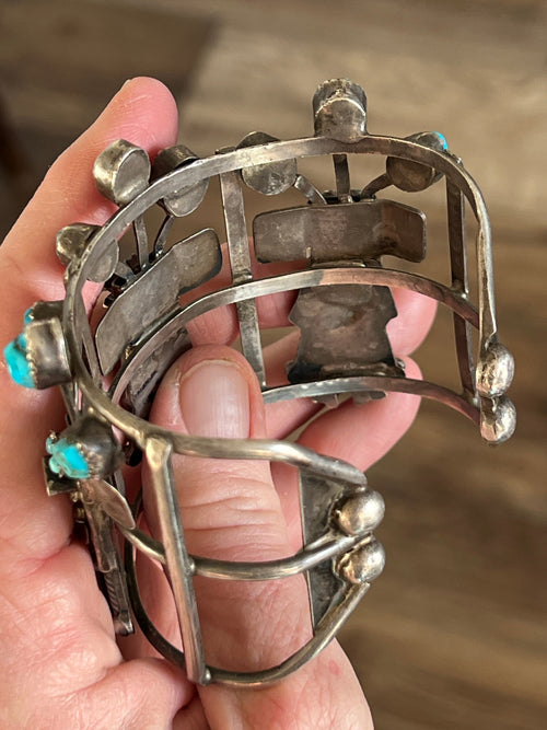 Amazing One of a Kind Antique Sterling Silver and Turquoise Yei Bi Chei Cuff Bracelet