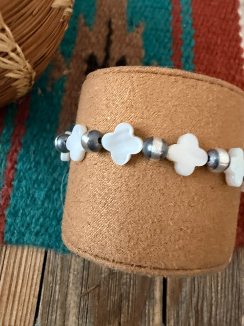 Handcrafted Mother of Pearl & Sterling Silver Pearl Cross Beaded Stretch Bracelet
