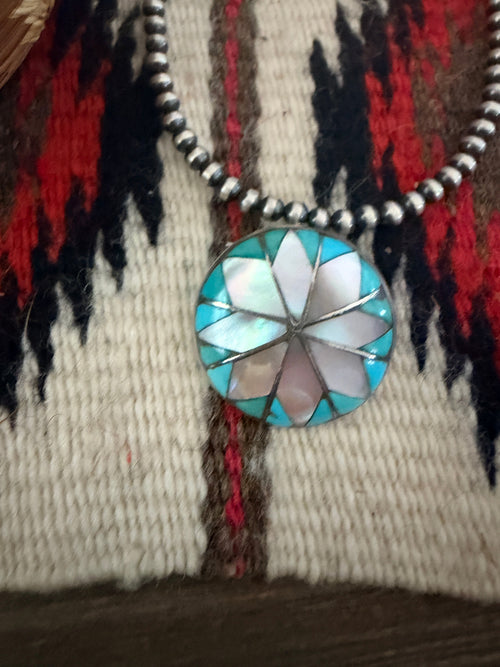 Old Pawn Handcrafted Mother of Pearl,Turquoise and Sterling Silver Inlay Brooch/ Pendant