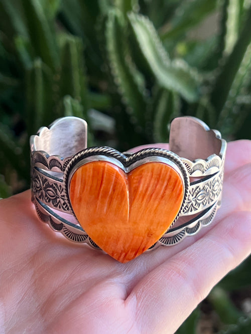 Navajo Sterling Silver and Orange Spiny Oyster Shell Heart Cuff Bracelet by Murphy Platero