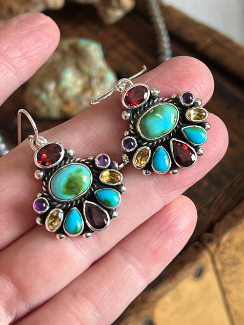 Navajo Made Sterling Silver Gems & Jewels Beaded Cluster Necklace and Earrings Set by Dianne Wylie