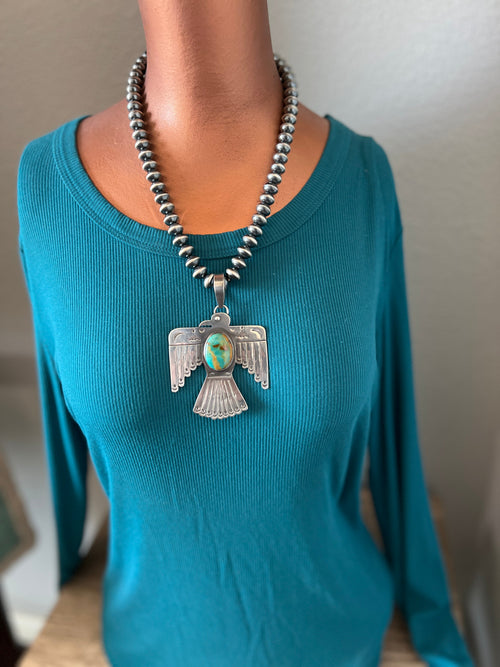 Kimari Somers Hand Stamped Sterling Silver & Kingman Turquoise Thunderbird Pendant 7