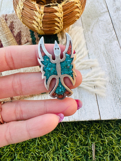 Old Pawn Handcrafted Turquoise, Coral & Sterling Silver Inlay Waterbird Ring Size 5.75
