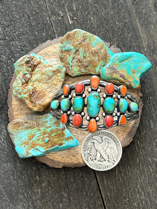 Navajo Hand Stamped Sterling Silver, Sonoran Turquoise and Spiny Oyster Shell Cluster Cuff Bracelet by Diane Wylie