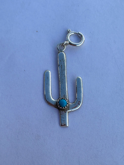 Navajo Crafted Sterling Silver and Turquoise Saguaro Charm