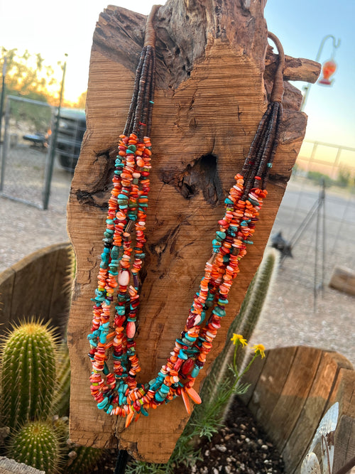 Gorgeous Navajo Made Six Strand Spiny Oyster and Turquoise Beaded Squaw Wrap Necklace with Spiny Oyster Tabs