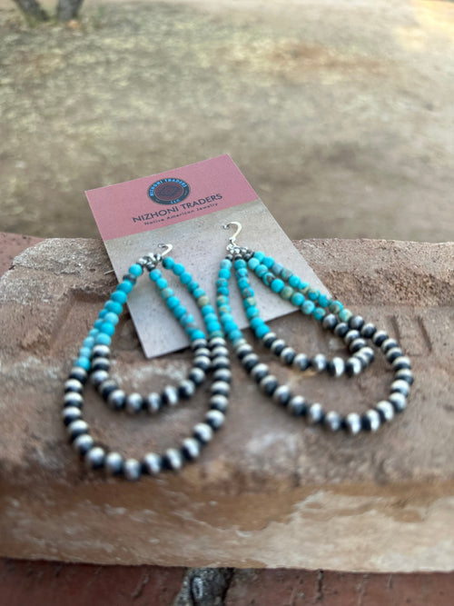 Navajo Turquoise & Sterling Silver Beaded Double Hoop Dangle Earrings