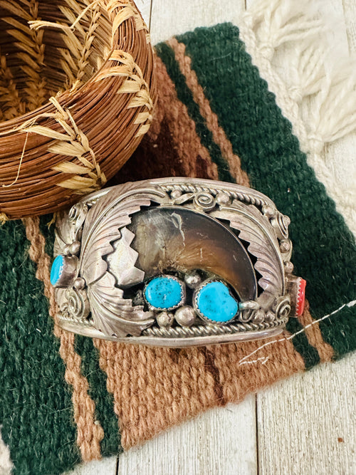 Old Pawn Navajo Turquoise, Coral & Sterling Silver Cuff Bracelet