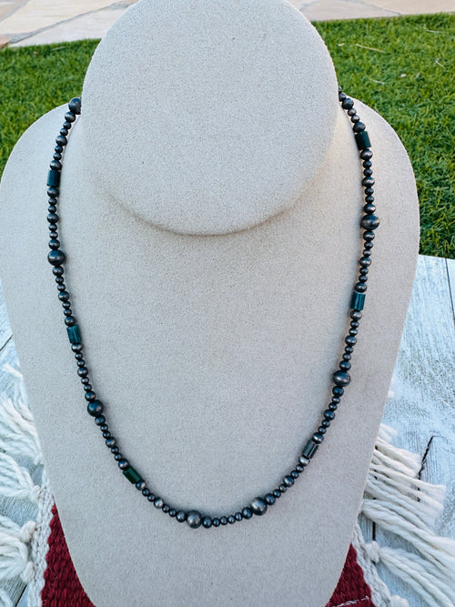 Sterling Silver Pearl & Lapis 18” Beaded Necklace